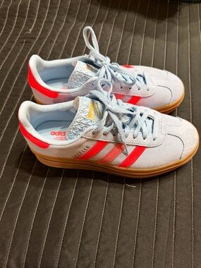 adidas Kids Gazelle Sneakers in Light Blue with Bright Pink/Orange Stripes